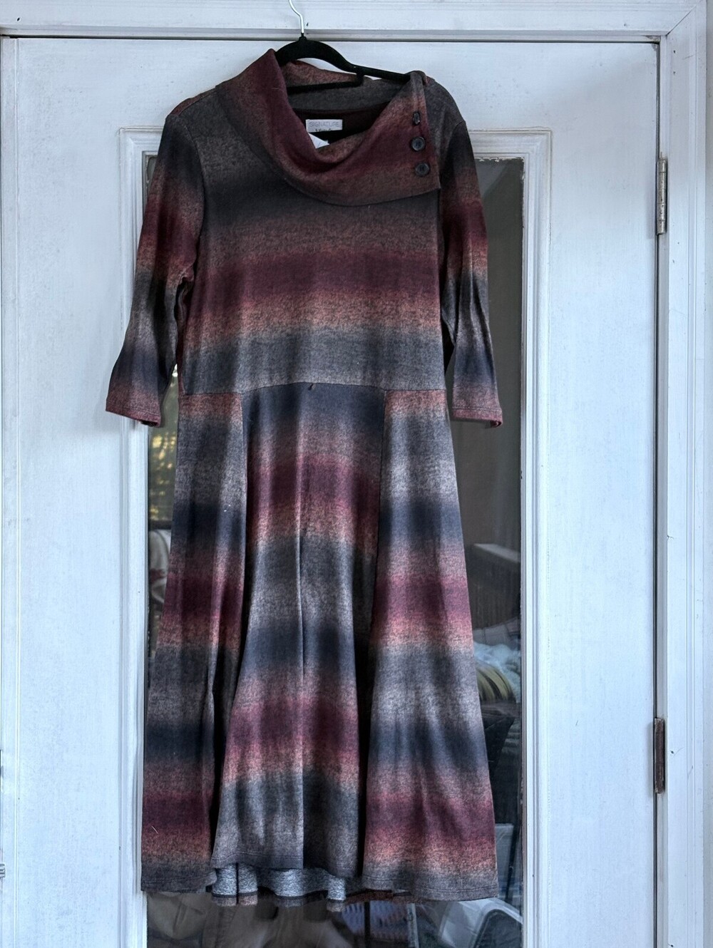 Signature by Robbie Bee M Ombré Striped Cowl Neck Midi Sweater Dress Button